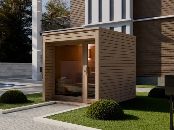 Exklusive Gartensauna mit großer Glasfront für Wellness im eigenen Garten nahe Koblenz