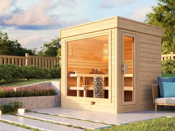 Moderne Gartensauna GABI mit großer Glasfront im Garten