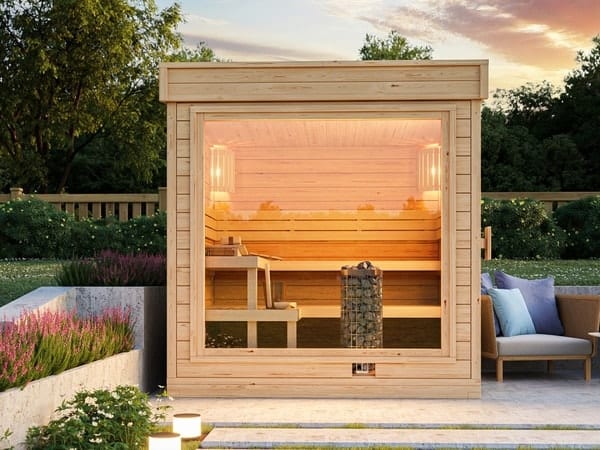 Hochwertige Außensauna GABI mit Glasfront